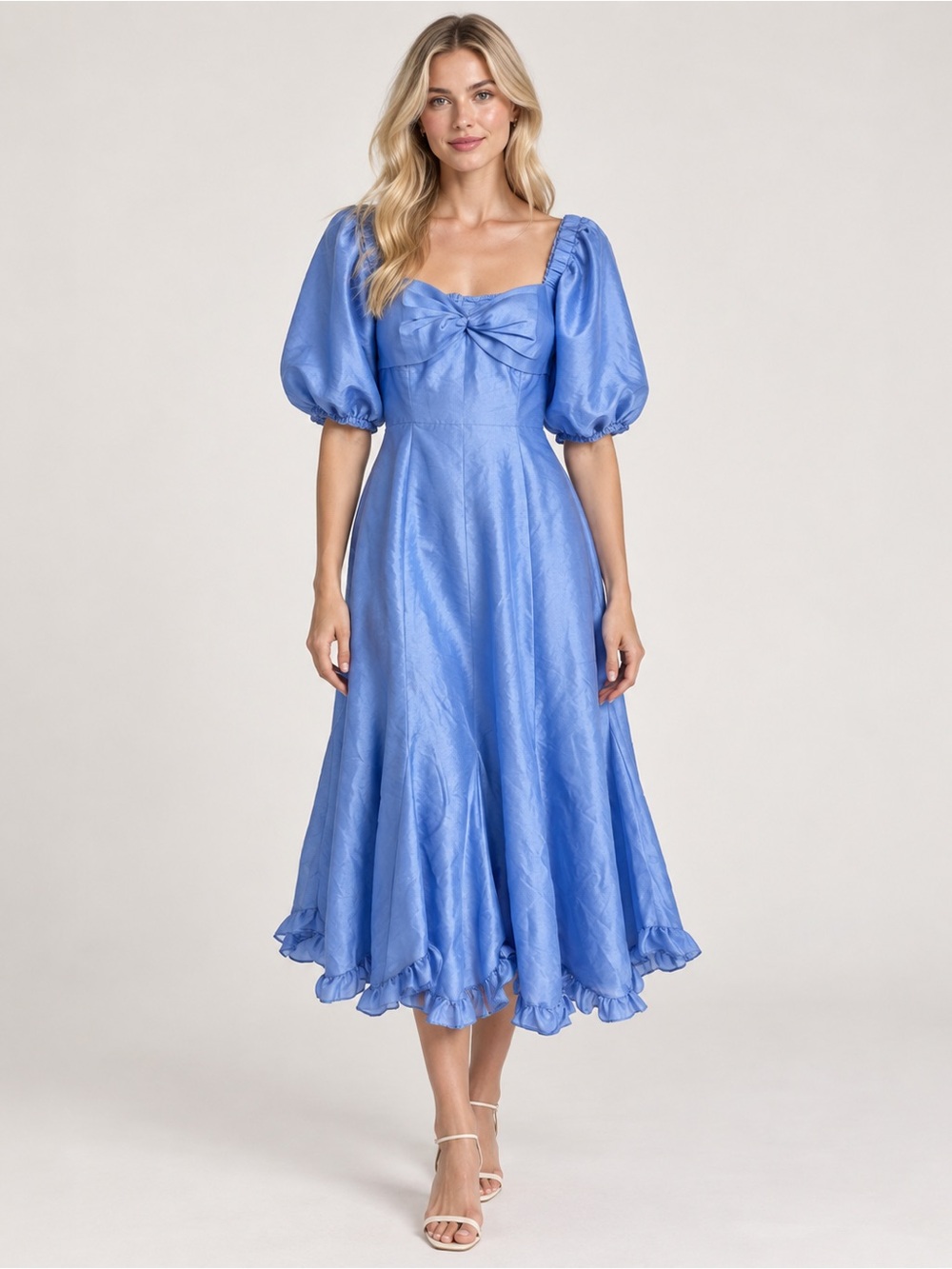 Hutch Twist-Front Puff-Sleeve Ruffle-Hem Midi Dress Blue Medium 57153